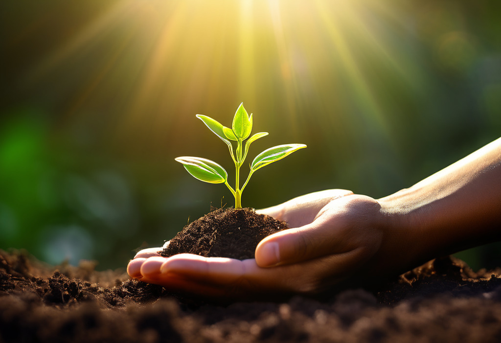 seedling sprouting on a heap of soil held on black person's hand